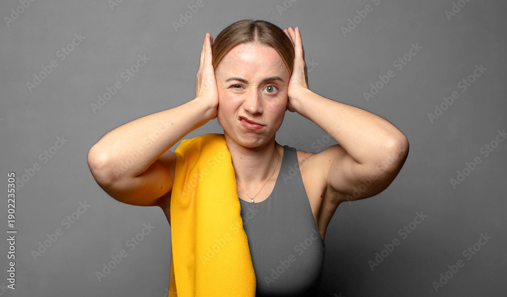 Fototapeta premium feeling frustrated and annoyed, sick and tired of failure, fed-up with dull, boring tasks. fitness concept
