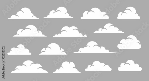 Photos Collection of Various White Fluffy Clouds on a Plain Gray Background
