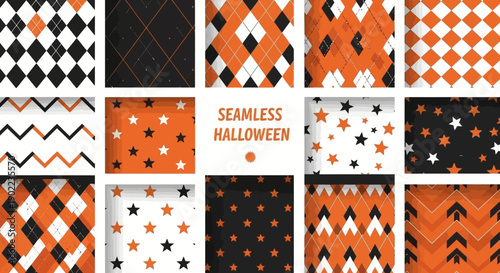 Seamless Halloween Patterns Collection: Argyle, Stars, Zigzag, Geometric Designs