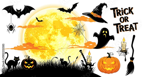 Spooky Halloween Night Scene with Jack-o'-lanterns, Bats, Cats, Ghost, and Witch Hat