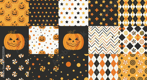 Halloween Theme Patterns Collection: Pumpkins, Stars, Polka Dots, Argyle, and Candy