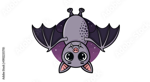 Cute Cartoon Bat Hanging Upside Down Against Starry Night Sky Background