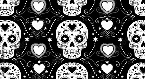 Day of the Dead Skull Pattern with Hearts, Stars and Swirls on Black