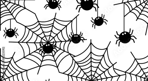 Creepy Halloween Spiderweb Pattern with Hanging Spiders on White Background