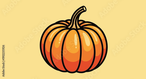 Vibrant Orange Pumpkin with Stem and Grooves on a Light Yellow Background