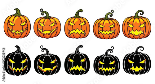 Five Orange and Five Black Halloween Pumpkins with Scary Carved Faces