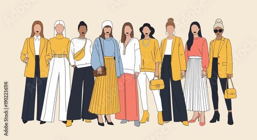 Diverse Women in Stylish Fashion Outfits, Group Standing Together