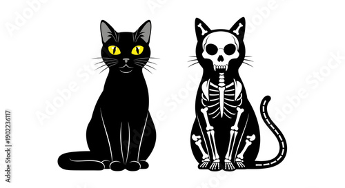 Two Black Cats, One Normal and One with a Skeleton Overlay for Halloween