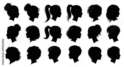 Diverse Silhouette Profiles of Women's Hairstyles: A Collection of Vector Graphics