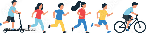 Active kids and teenagers running, cycling, and riding scooter illustration set showing healthy lifestyle, outdoor sport activities, fitness, movement, and childhood energy in flat vector style