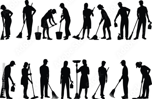 Silhouettes of cleaning workers performing tasks with mops, brooms, buckets, and spray bottles, janitorial staff illustration representing hygiene, maintenance service, 