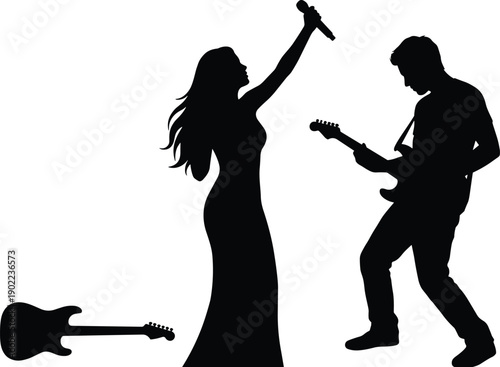 Black silhouette of female singer and male guitarist performing live on stage, dynamic rock music concert scene, artistic band performance illustration with strong energy concept
