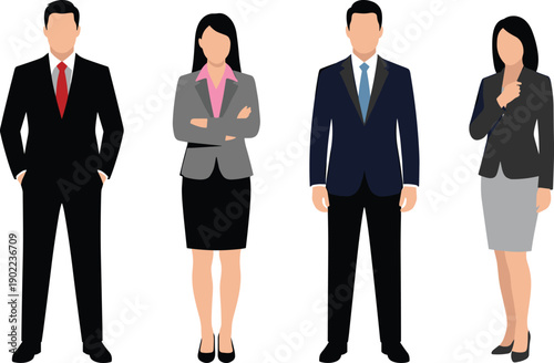 Business people flat illustration set with professional men and women in formal office clothing, corporate workforce characters representing leadership, teamwork, management, and modern business 