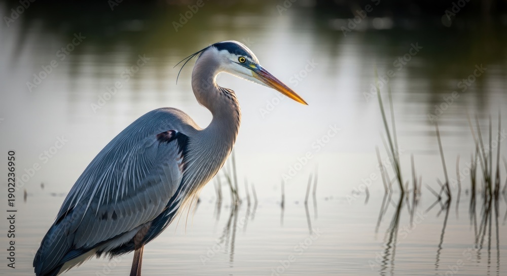 Naklejka premium Great blue heron standing in water with head turned and long beak