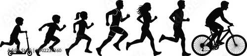 Evolution of human movement from childhood to adulthood shown as silhouettes running and cycling, active lifestyle progression concept, fitness, growth, sport illustration