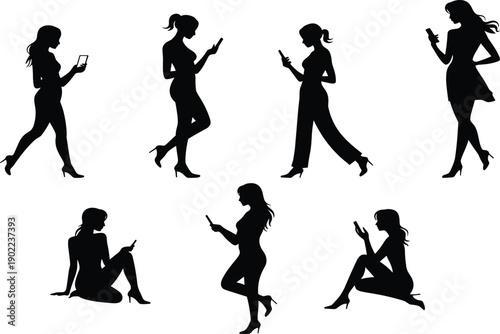 Silhouettes of women using smartphones in standing and sitting poses, modern lifestyle illustration showing mobile technology, digital communication, social behavior, and everyday interaction
