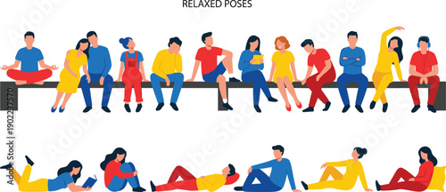 Flat illustration of diverse people in relaxed poses sitting and lying together, modern colorful characters showing leisure activities, rest, social interaction, and everyday lifestyle scenes