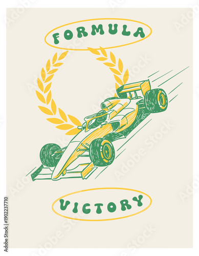 Racing club vector t-shirt print design. Formula car fantasy.  Fast F1 Car Illustration. Motorsport t-shirt artwork. F1 car print design for t shirt print, poster, sticker, background and other uses.