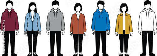 Flat illustration of diverse young people standing together in casual clothing, modern youth characters representing fashion, lifestyle, individuality, and social diversity in clean vector style