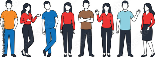 Flat illustration of diverse young people standing together with expressive poses, modern casual characters representing lifestyle, communication, social interaction, individuality, and contemporary 