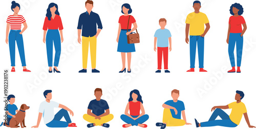 Flat illustration set of diverse people including men, women, and children in standing and sitting poses, modern lifestyle characters representing family, diversity, and everyday casual life
