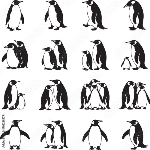 black and white penguin silhouettes on white background