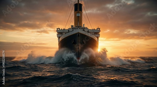 Grand steamship navigates ocean waves at golden hour, creating a powerful bow wave and evoking themes of historical travel, adventure, and exploration