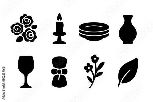 Floral Icon Set. Floral romantic arrangement. Filled icon set of Floral romantic arrangement: rose cluster,