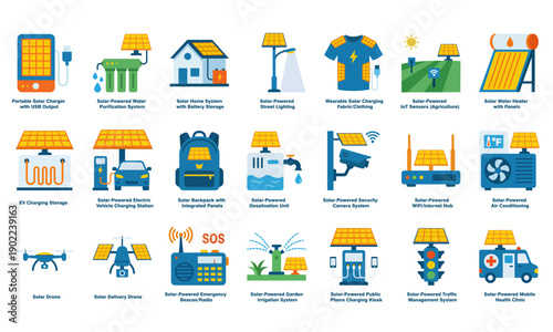 Solar Powered Devices and Renewable Energy Vector Icon Set. Flat Design Symbols for Green Technology, Solar Infrastructure, and Sustainable Living.