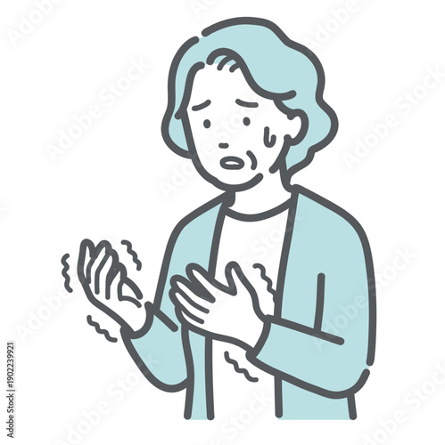 手の痺れ・震えに戸惑う高齢女性のイラスト（パーキンソン病・脳梗塞・リウマチ）