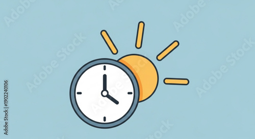 Clock showing morning time with sunrise illustration on blue background symbolizing dawn and daily routine
