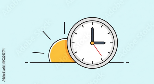 Cartoon style clock with sunrise or sunset behind it on light blue background with sun rays
