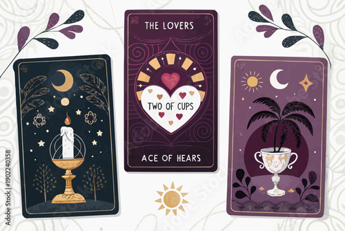 Mystic tarot cards with symbolic illustrations and astrology signs on white background
