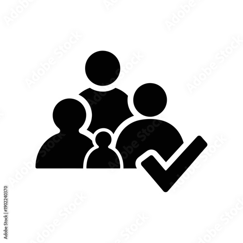 A black and white icon depicting a group of people with a checkmark indicating selection or approval.