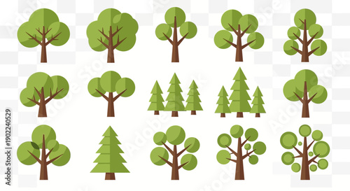 A collection of various flat design trees, including deciduous and coniferous types, presented on a transparent background.
