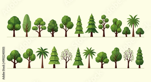A collection of diverse, stylized trees in various shapes and sizes, presented in two rows against a light background.