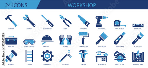 24 professional workshop icons in blue color