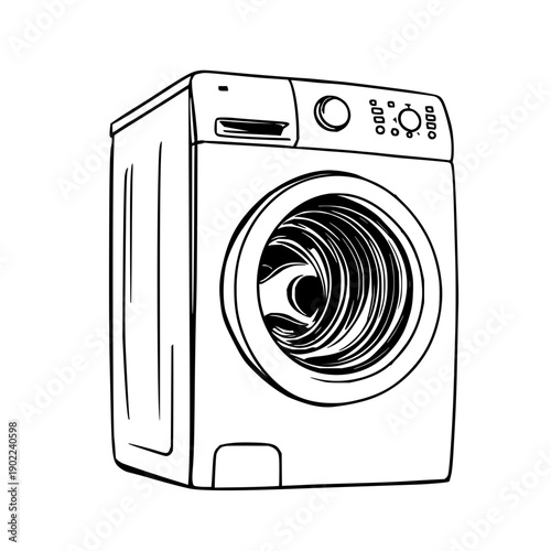 Clean Black Line Art Illustration of a Front-Load Washing Machine for Appliance Repair, Laundry Services, or Home Decor Applications