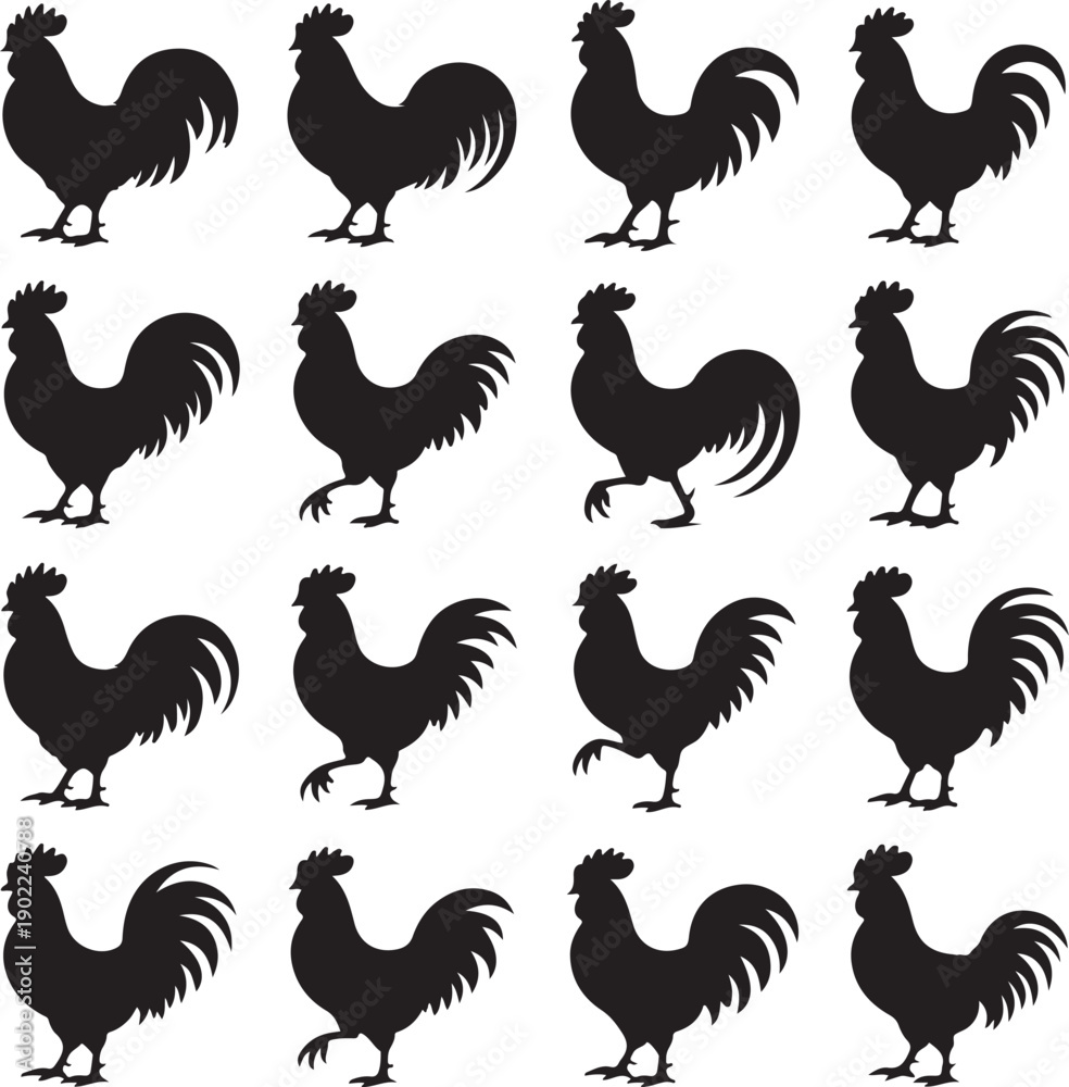Naklejka premium black rooster silhouettes on white background
