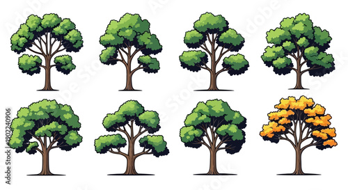 A collection of eight stylized illustrations of various trees, some with green foliage and one with autumnal yellow leaves.