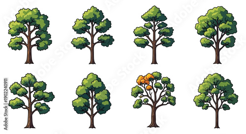 A collection of eight distinct pixel art illustrations of deciduous trees, showcasing varied foliage shapes and trunk structures.