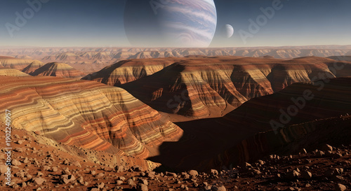Grand Canyon Landscape with Planet in Sky.