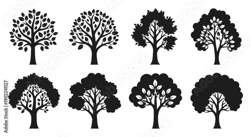 A collection of eight stylized black and white silhouette illustrations of various deciduous trees.
