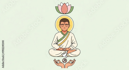 Serene buddhist monk meditating in lotus position with glowing halo and pink lotus flower