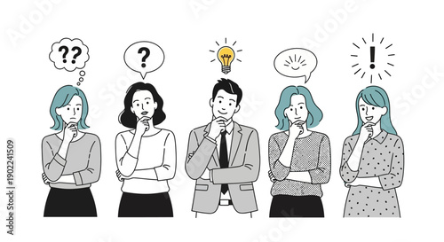 A diverse group of five people are depicted in a line, each with a thought bubble above their head, illustrating different stages of thinking and problem-solving.
