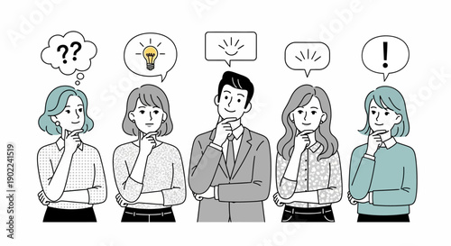 A diverse group of people are shown thinking with various thought bubbles above their heads, representing different ideas and questions.
