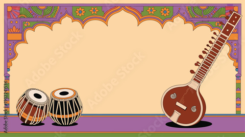 Indian classical music instruments under ornate archway