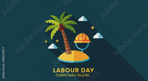 Labour day celebration on christmas island with palm tree and hard hat on sandy beach