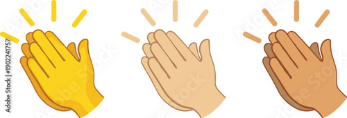 Clapping hands emojis vector illustration, diverse skin tones yellow beige brown, motion lines, inclusive digital communication, cartoon celebration art design