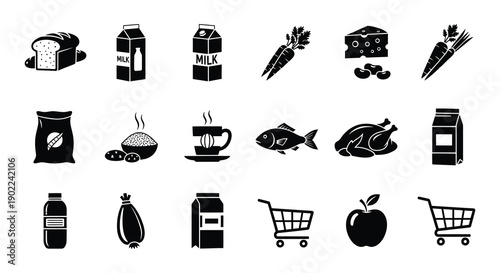 Black and white icons depicting various food items and shopping carts